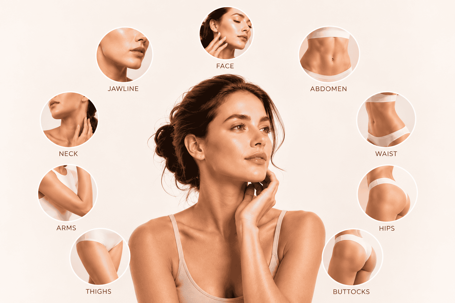 Body sculpting treatment areas including the face, abdomen, waist, hips, arms and thighs